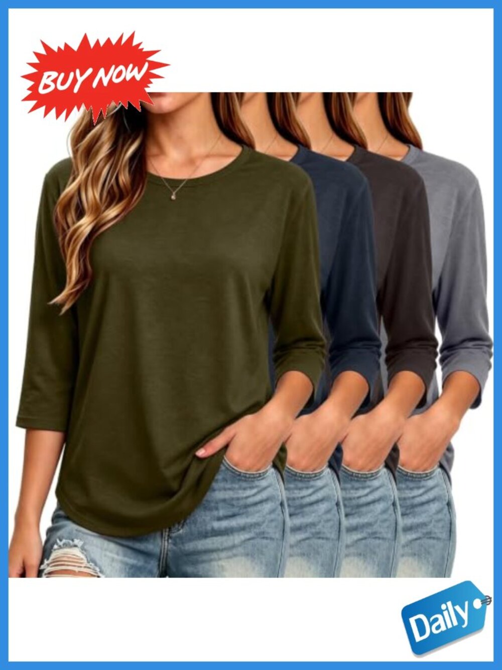 Womens 3/4 Sleeve Crew Neck Top Curved Hem Tunic Shirt